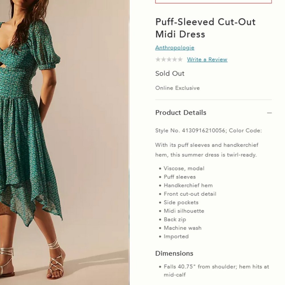 Anthropologie 10 NWT Green Floral Puff Sleeved Cut-Out Midi Dress - Picture 5 of 9